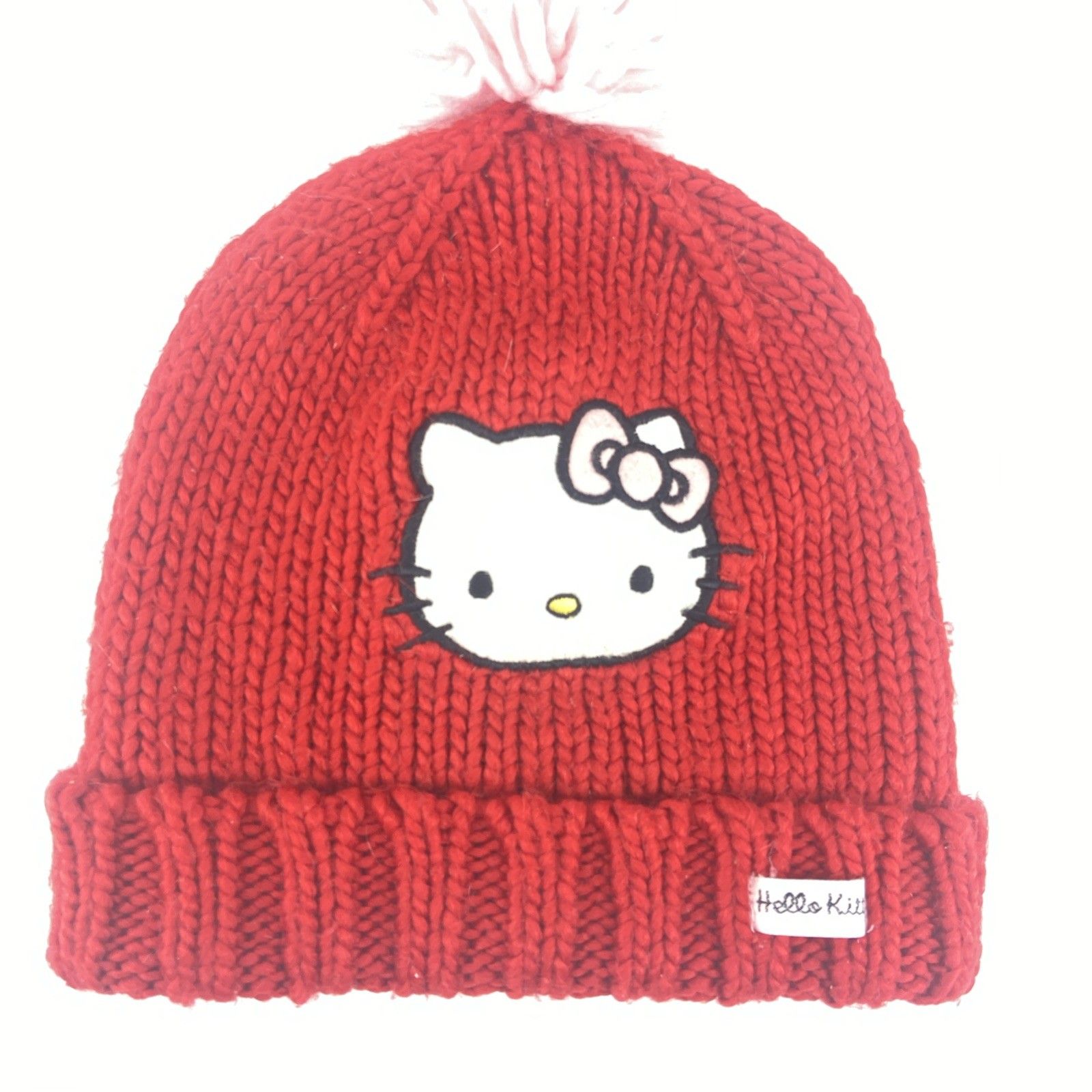 Sanrio Hello Kitty Knit Hat Stocking Cap Red Pink Pom Pom Girls 6 - 8 Yrs